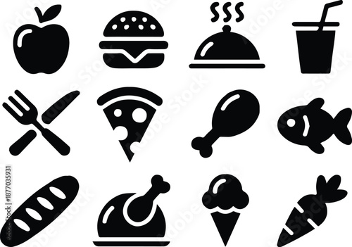 food icons grid common meals utensils and ingredients vector