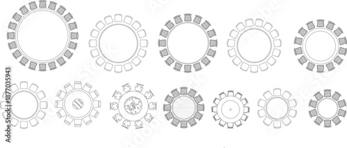 Professional vector library of large top-view circular table sets, featuring 8 to 20-person arrangements for grand banquet halls and corporate conference rooms.
