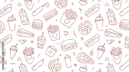 fast food seamless background with drinks burger pizza fries and cherry