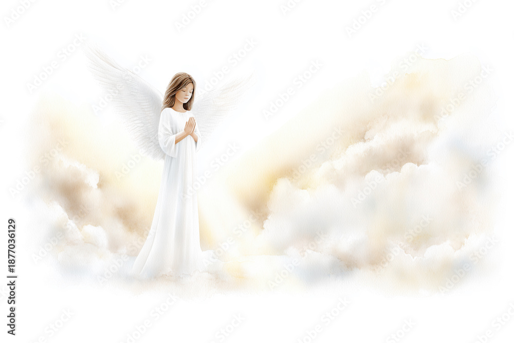 Fototapeta premium Watercolor Woman Angel with Wings in Clouds Isolated on White Background