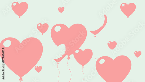Heart-shaped balloons and hearts floating in the air, a joyful celebration scene from a high viewpoint.