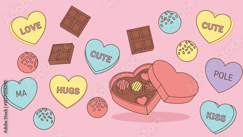 Valentine's Day celebration with assorted chocolates and hearts in a heart-shaped box illustration
