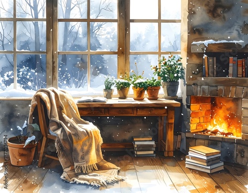 Fireplace and book window snow study attic illustration wallpaper