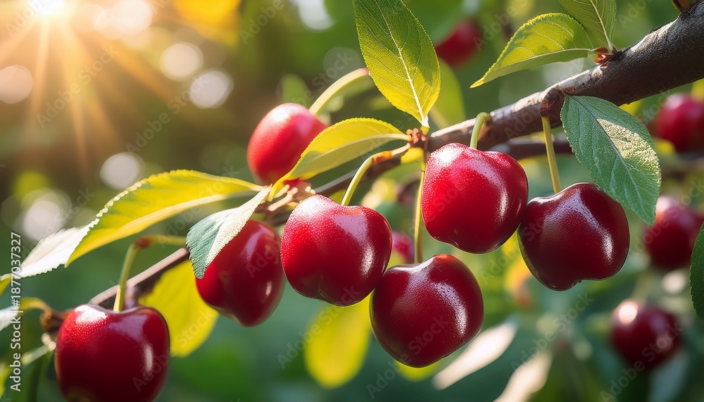 Obraz premium Ripe Red Cornelian Cherries Hang On A Branch Among Green Leaves Glowing In The Summer Sunlight A Vivid Display Of Seasonal Fruit And Natural Freshness