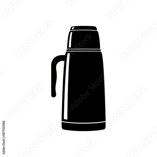 A black and white illustration of a thermos bottle with handle
