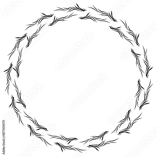 Hand drawn plants, dividers, wreaths, border frames. Circle floral frame with leaves on white background. Vector hand drawn illustration for wallpaper, posters, card. Copy space. Doodle style.