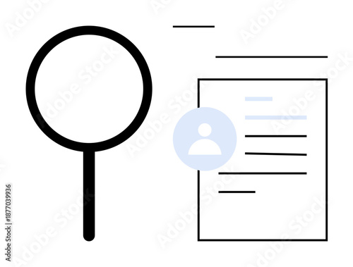 Identity verification, document analysis, data authentication, online profile review, information management, security process. Magnifying glass next to a document with a user icon. Identity