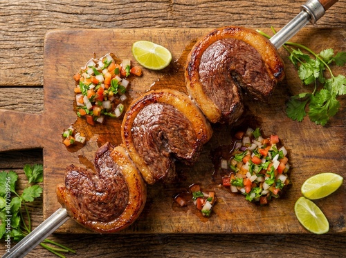 Grilled picanha skewers with fresh salsa and lime on a rustic wooden board