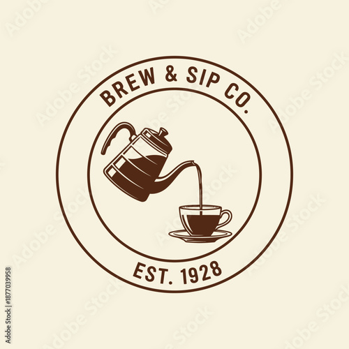 Coffee shop logo with pouring pot and cup plus establishment date