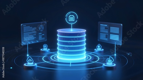Secure data storage concept with database stack and digital interface elements surrounding a central lock icon in a futuristic blue environment.