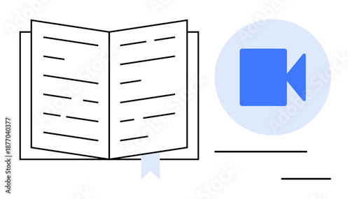 Online education, learning tools, educational content creation, virtual classrooms, e-learning, remote teaching. Open book with bookmark and a blue video camera icon. Online education and learning