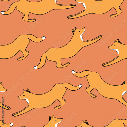 Seamless pattern with cute fox baby on color background. Funny forest animals. Card, postcards for kids. Flat vector illustration for fabric, textile, wallpaper, poster, paper.