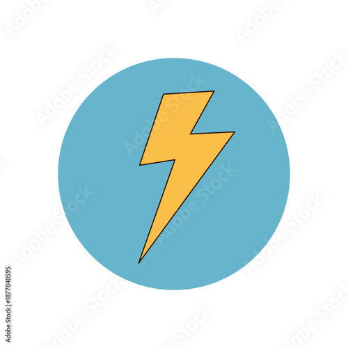 Groovy retro badge with yellow lightning symbol in a blue circle sticker. Icon as sticker and label, with y2k lid for package theme. Trendy graphic for product or package emblem in cool vintage