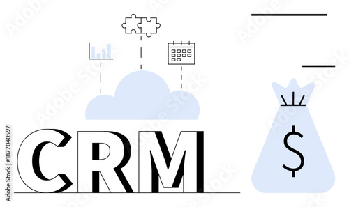 CRM cloud integration with analytics, calendar scheduling, and a money bag representing revenue growth. Ideal for business strategy, customer management, sales tracking, data analytics, marketing