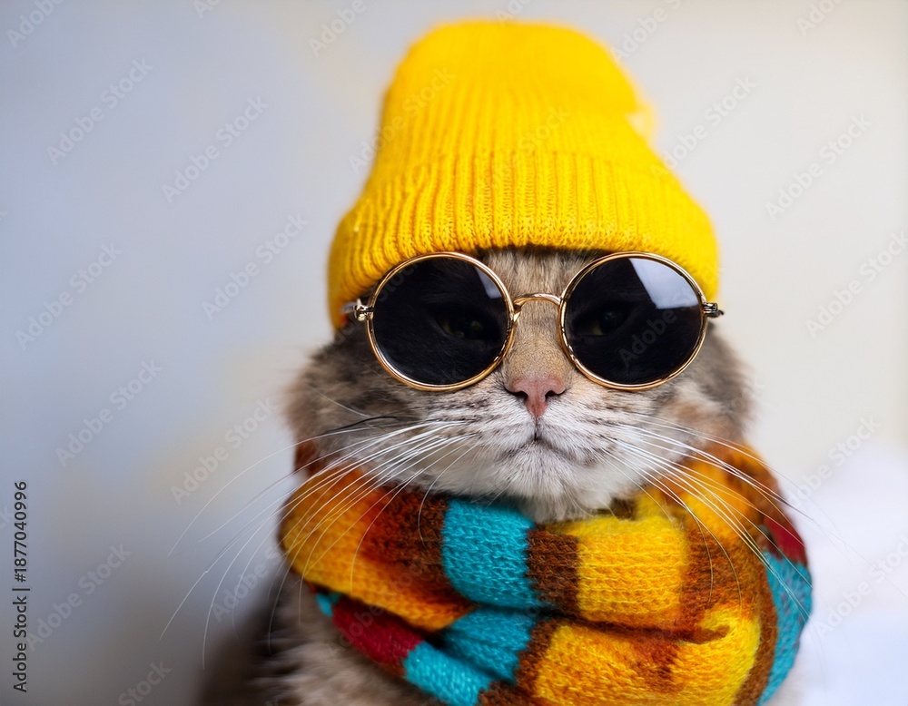 Fototapeta premium stylish cat wearing a yellow hat sunglasses and a colorful scarf