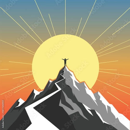 Winner standing with arms raised on snowy mountain peak at sunrise