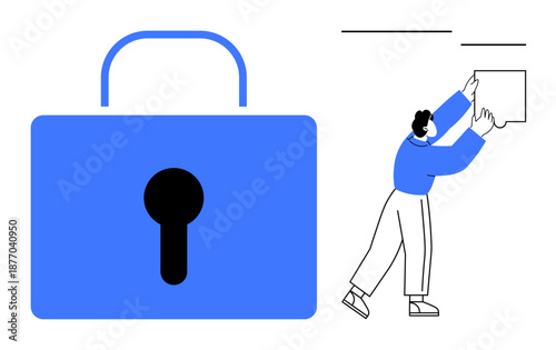 Cybersecurity concept. Cybersecurity d with a blue lock and individual managing data securely. Cybersecurity ensures data integrity and encryption. Relevant for IT, software, identity protection