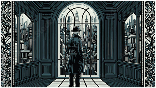 Mysterious figure in trench coat overlooking cityscape from ornate balcony