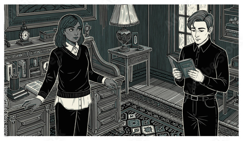 Monochrome illustration of two people in a vintage study room