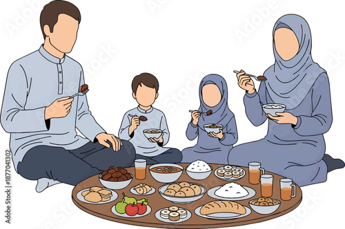 Muslim family enjoying a meal together celebrating togetherness and tradition.