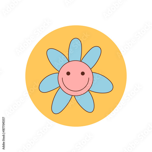 Groovy cartoon flower smiley sticker stands out with cute retro style. Yellow round label acts as playful package seal or lid, perfect for y2k branding and modern product packaging.