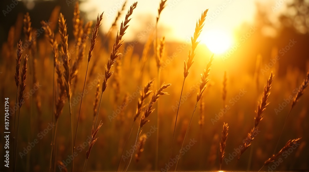Fototapeta premium Warm golden hour light backlighting wild grass seed heads in a peaceful summer meadow at sunset.