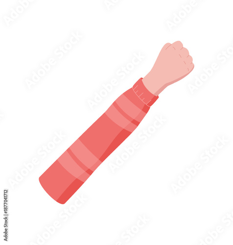 Cartoon hand showing number five. Flat style arm with closed fist and red clothes. Gesture with fingers raised indicates count or signal. Great for education and preschool designs.