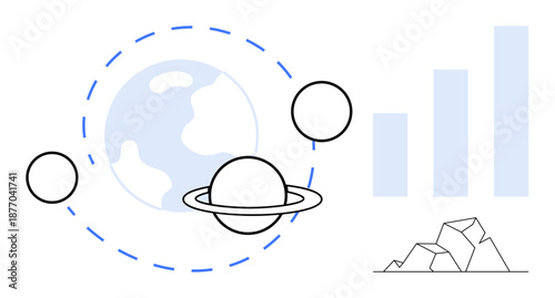 Planetary system. Planetary icons show Saturn, Earth, orbits space exploration and analysis. Planetary-themed analytics for technology, education, astronomy, data, innovation