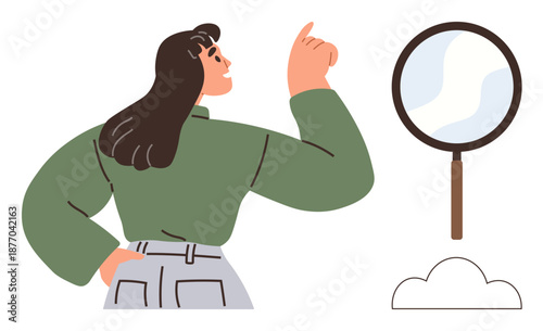 Curiosity, exploration, discovery, analysis, observation, brainstorming. Woman pointing upward with a magnifying glass and cloud symbol. Curiosity and exploration concept