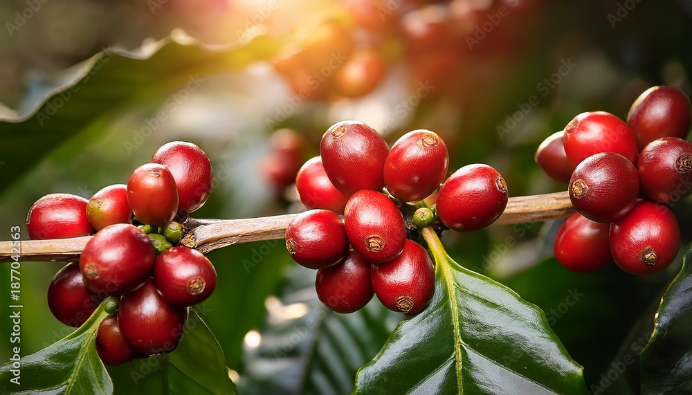Obraz premium Close Up Of Coffee Beans Ripening On Bush In Cartago Province Costa Rica With Red Beans Ready For Harvest