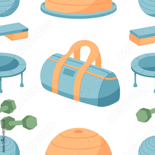Flat seamless pattern with sport and fitness equipment. Dumbbells, gym bags, and workout objects in a colorful design. Exercise tools repeat in a dynamic layout, perfect for fabric, wallpaper, or