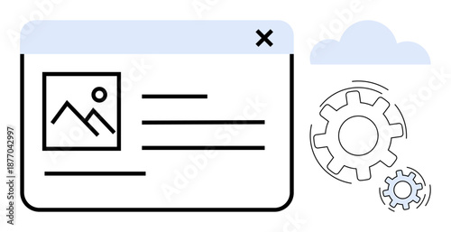 Web design, cloud computing, digital tools, optimization, online settings, technology. Image box in a browser window, gears and cloud. Web design and cloud computing concept