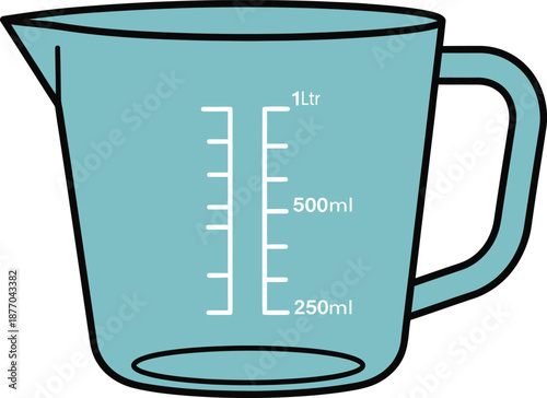 Teal colored measuring jug with white markings for 250ml 500ml and 1 liter capacity with a handle and spout