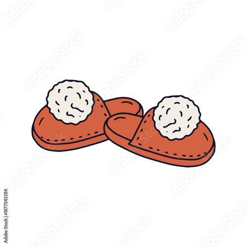 Hand drawn doodle cozy slippers icon. Line art home shoes with pom poms drawing