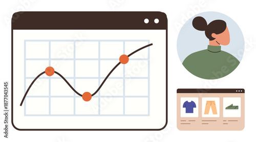 Data trends, ecommerce, analytics, online shopping, user profiles, marketing performance. A line chart, user icon and product interface. Data trends and ecommerce visualization concept