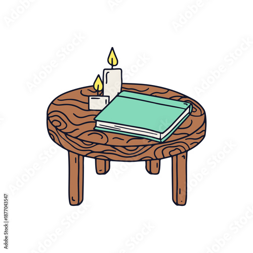 Hand drawn doodle hygge book on a wooden table with candle icon