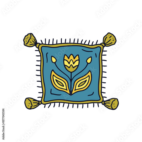 Hand drawn doodle hygge pillow decorated with scandi flower. Line art boho cushion drawing