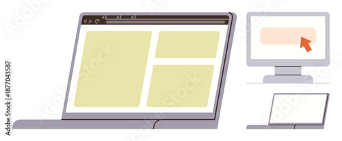 Web development, UI design, digital navigation, online presence, responsive design, user interaction. Laptop and desktop screens displaying web pages. Web development and UI design concept