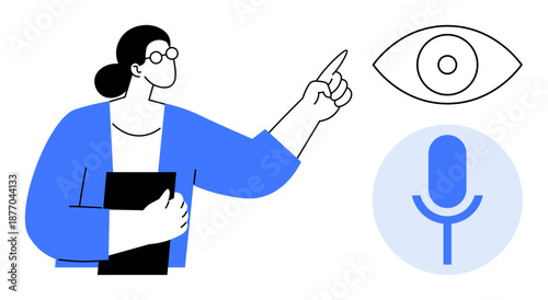 Technology, education, communication, digital services, voice recognition, accessibility. Woman pointing to a vision icon with a microphone icon nearby. Technology and communication concept