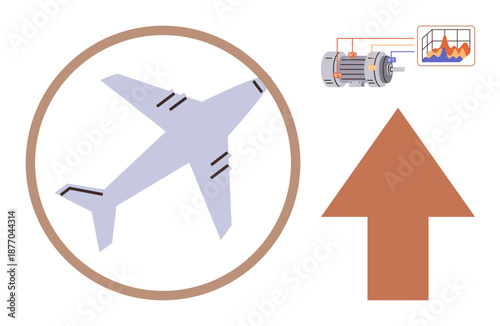 Aerospace technology, aviation analytics, engineering data, performance optimization, innovation, growth. Plane with engine diagram and graph beside an upward arrow. Aviation analytics and aerospace