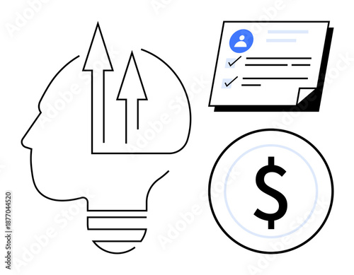 Stylized head with rising arrows, profile checklist, and dollar sign. Ideal for success, growth, innovation, planning, strategy finance personal development. Simple flat metaphor