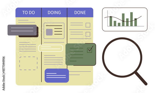 Productivity, task management, workflow planning, team collaboration, analytics, and process tracking. Kanban board with tasks, chart analytics and magnifying glass. Productivity and task management