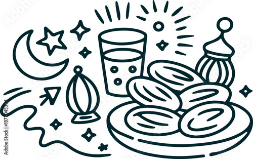 Ramadan iftar celebration with traditional food and symbols Vector