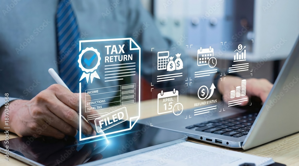 Fototapeta premium Man filing tax return online with digital icons for finance and accounting Concept of tax season, financial planning, and digital services