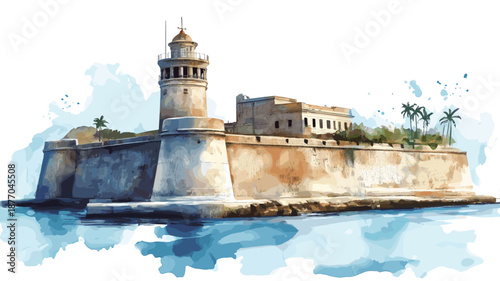 Castillo de los Tres Reyes Magos del Morro. Castillo de los Tres Reyes Magos del Morro hand drawn watercolor illustration