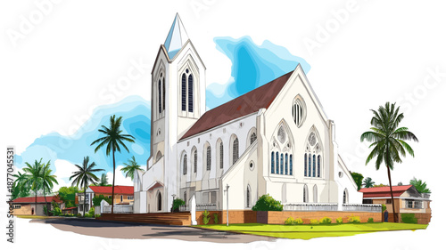 Georgetown ? St. Georges Cathedral. Georgetown ? St. Georges Cathedral hand drawn watercolor illustration