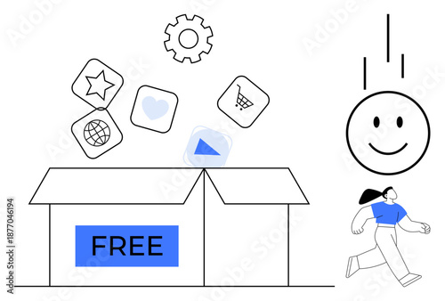 Free concept. Free apps and tools emerging from a box with user excitement and dynamic interface. Free services foster creativity and dynamic interaction. For business, tech, education, startups