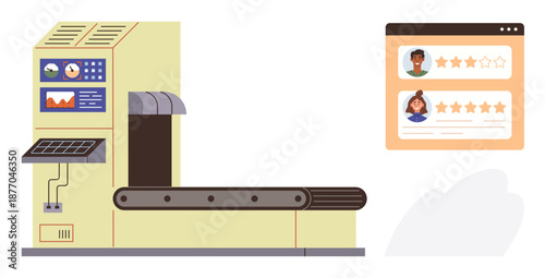 Process automation, online ratings, customer feedback, quality control, user reviews, performance analysis. Conveyor machine with online review panel. Process automation and online ratings concept