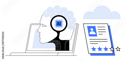 AI-focused human head and circuit concept on a laptop analyzing a candidate s profile with ratings. Ideal for technology, recruitment, AI, automation, HR, innovation, and decision-making themes