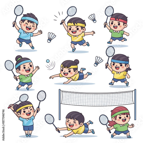 Children playing badminton at a net with rackets and shuttlecocks